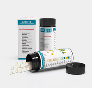 pH + Vitality Test Strips 14-in-1 URS-14T bottle and box with test strips displayed